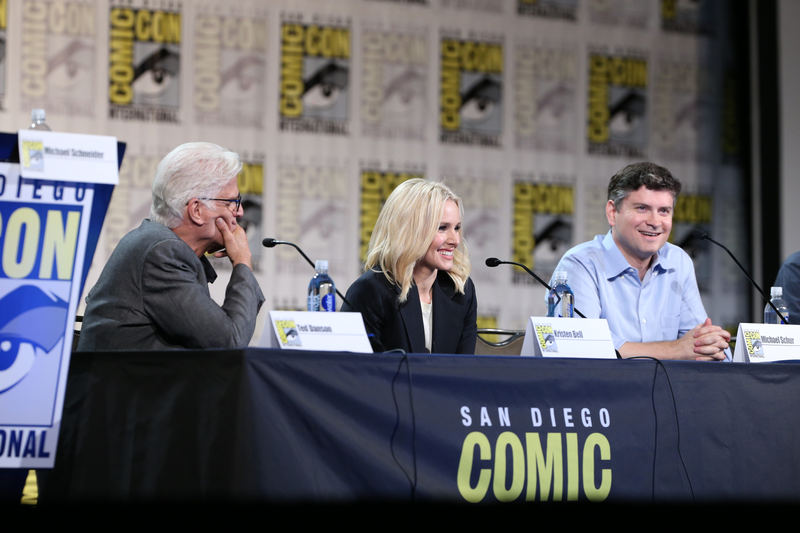Schur (right) with Kristen Bell and Ted Danson at Comic-Con (Photo: Daniel Cristol/NBC)